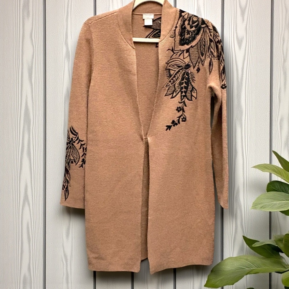 Chicos Caramel Black Embroidery Open Front Long Cardigan Sz 0